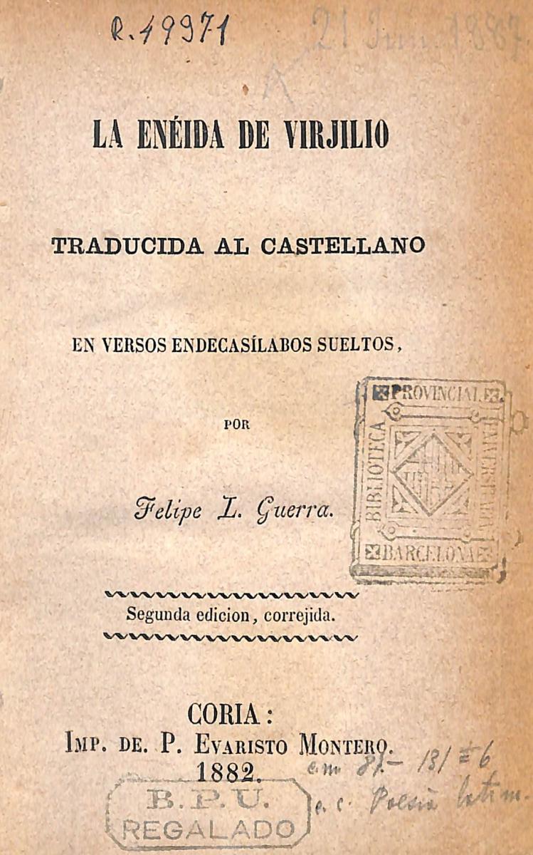 (1882) La Eneida de Virjilio / trad.por Felipe L. Guerra (Portada)