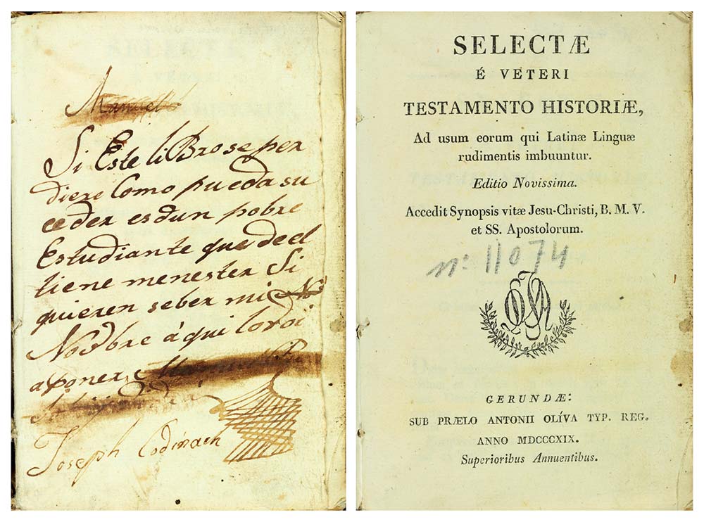 Suplica de devolució i portada de Selectae è Vetero Testamento historiae