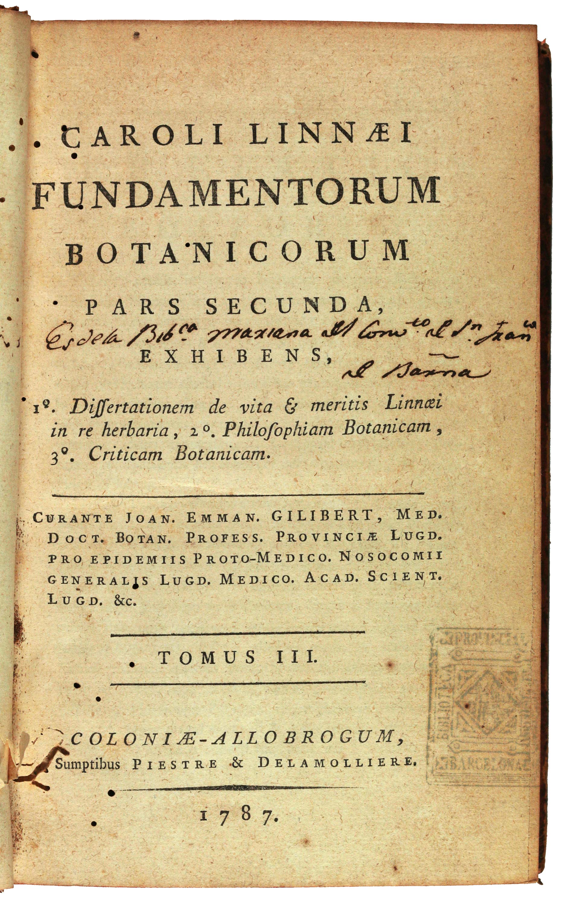 Portada de Fundamentorum botanicorum pars prima-secunda
