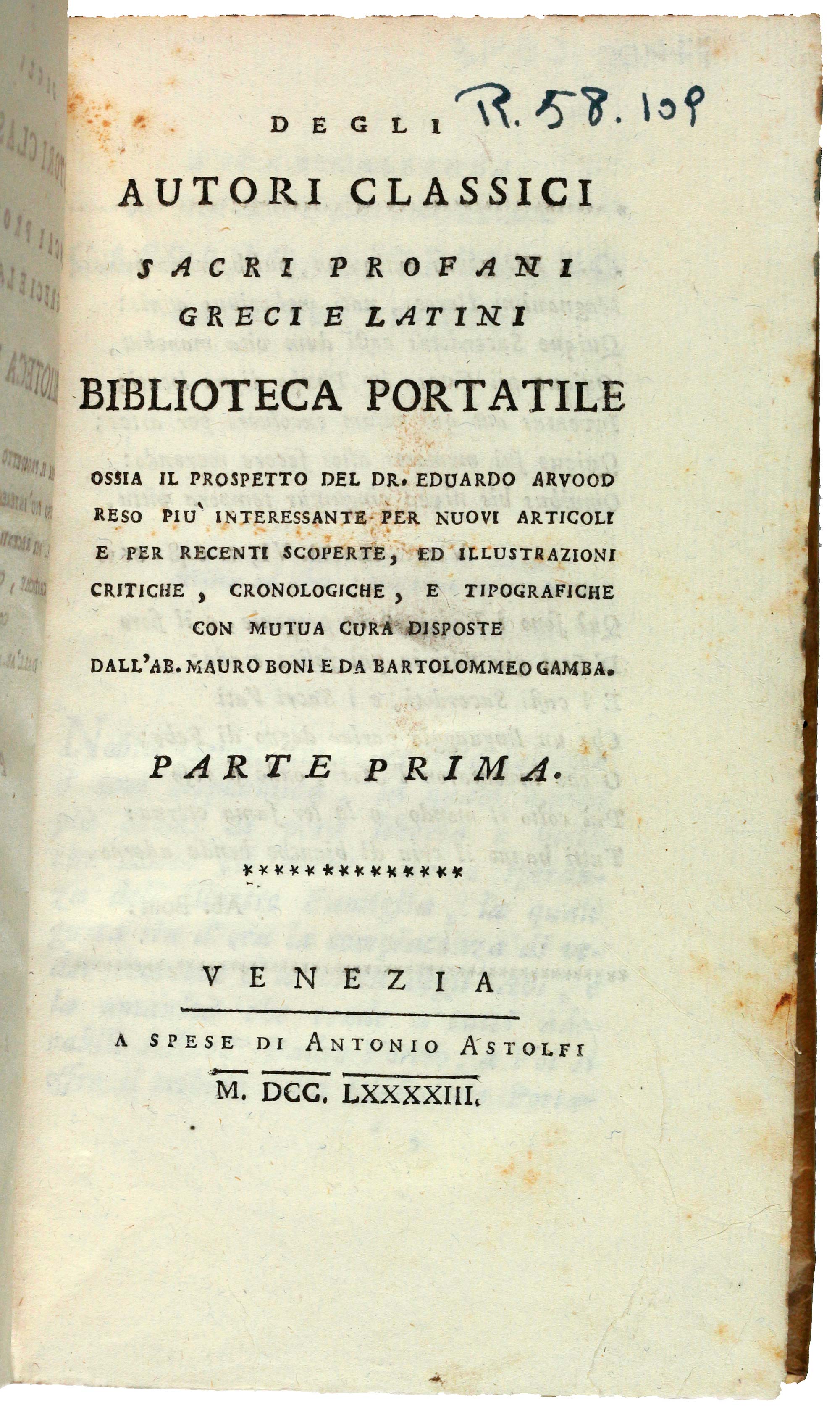 Portada de Degli autori classici sacri profani greci e latini biblioteca portatile
