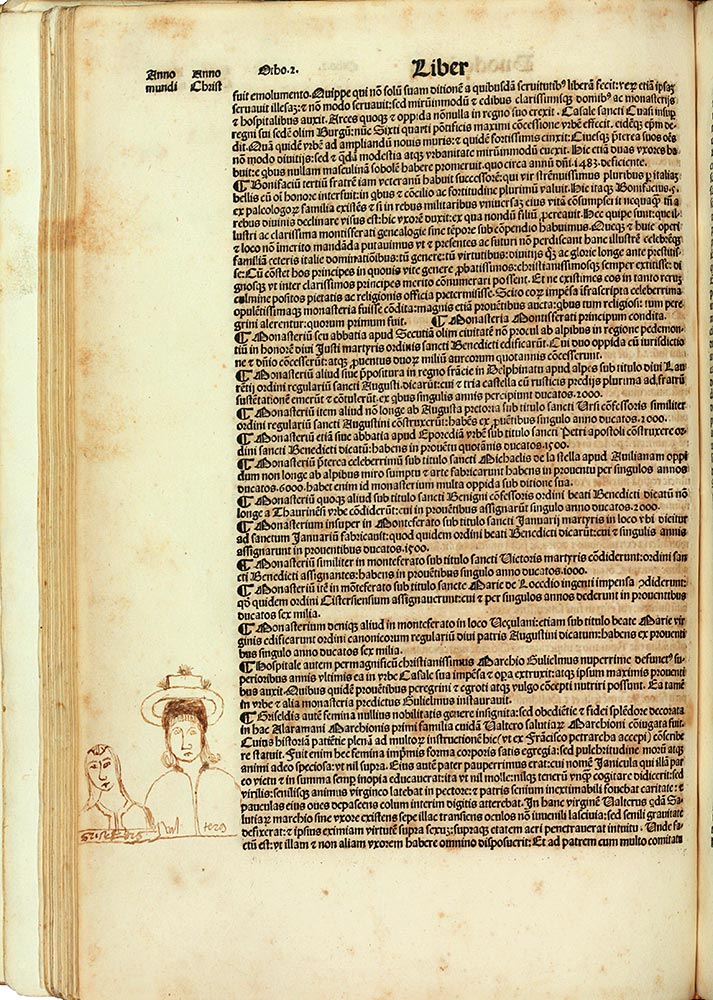 Dibuixos de Valter i Griselda al marge d'una pàgina del Supplementum chronicarum
