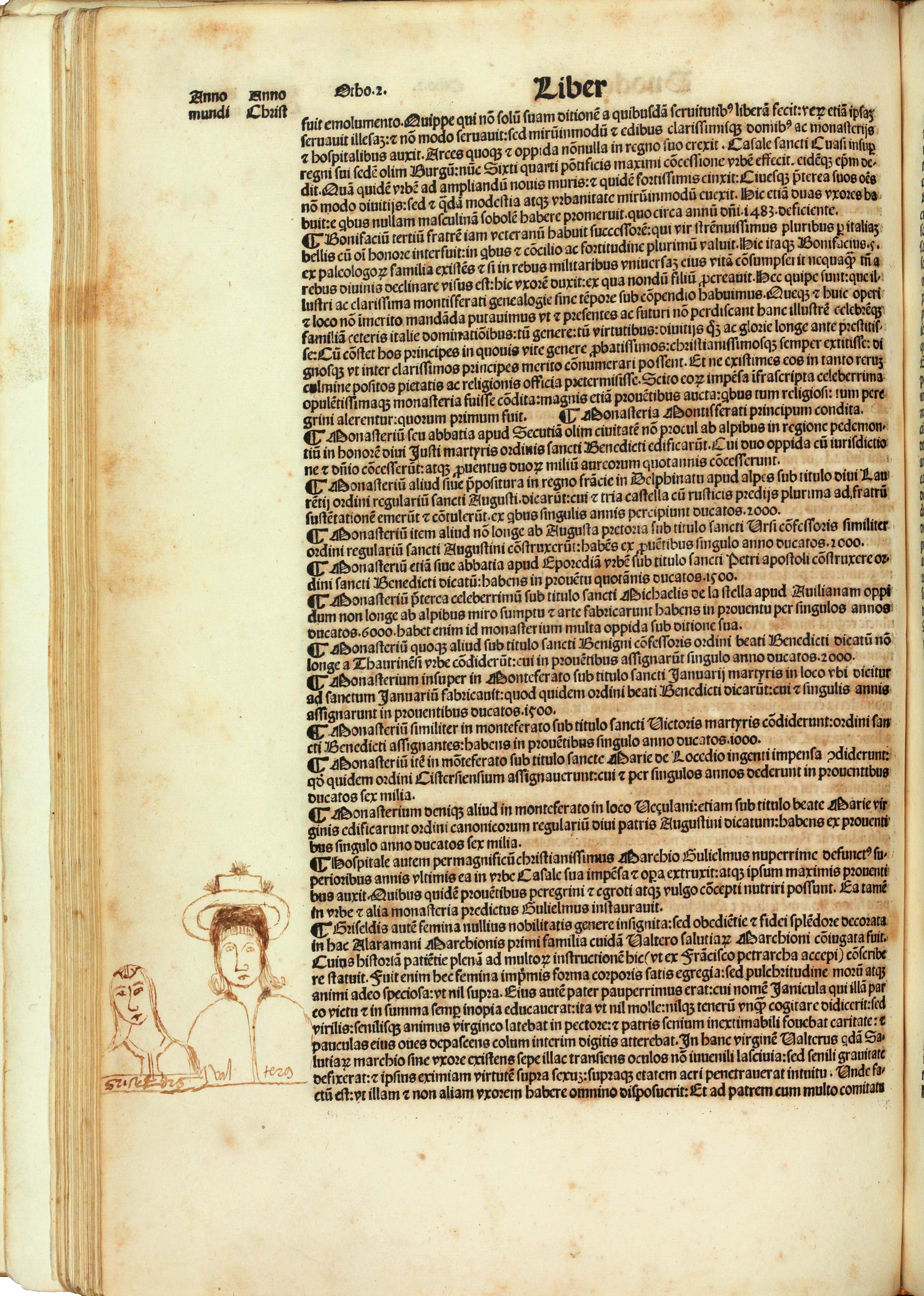 Dibuixos de Valter i Griselda al marge d'una pàgina del Supplementum chronicarum