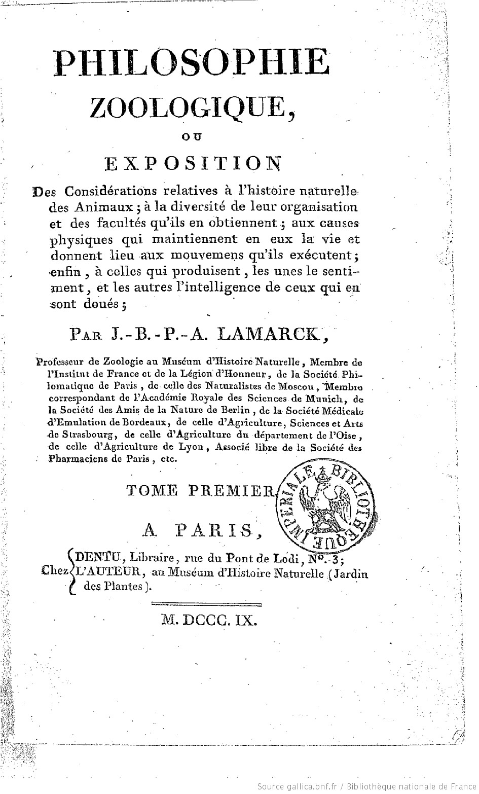 Philosophie zoologique, de Lamarck (1809)