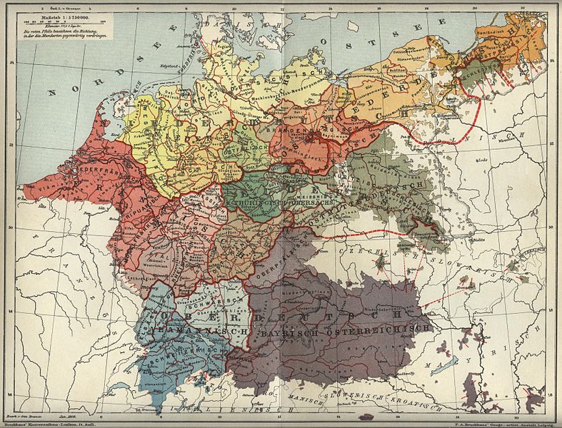 04. Mapa dels dialectes alemanys (Brockhaus, Leipzig 1908).