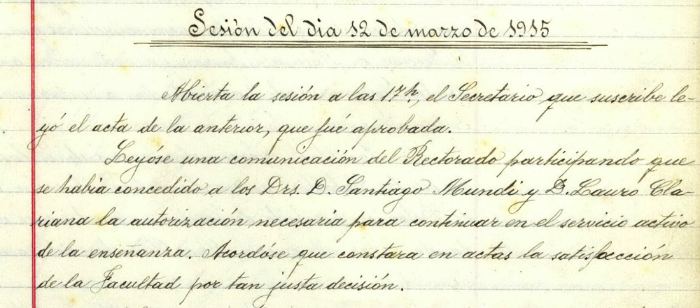 Anotació al Llibre d'actes de la Junta de la Facultat corresponent al dia 12 de març de 1915