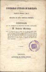 Portada de Asignatura de clínica particular quirúrgica: programa que ha formado el profesor de dicha asignatura D. Antonio Mendoza para la enseñanza de la misma en el curso de 1847 á 1848.