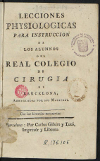 Portada del llibre: Lecciones physiologicas para instruccion de los alumnos del Real Colegio de cirugia de Barcelona.