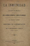 Portada del llibre: La Inmunidad : discurso leido en la Real Academia de Medicina y Cirugía de Barcelona en el acto de su recepción.