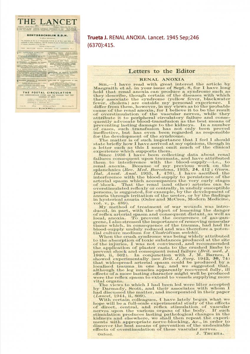 Imatge de l'article: "Trueta J. Renal anoxia. Lancet. 1945 Sep; 246(6370):415"