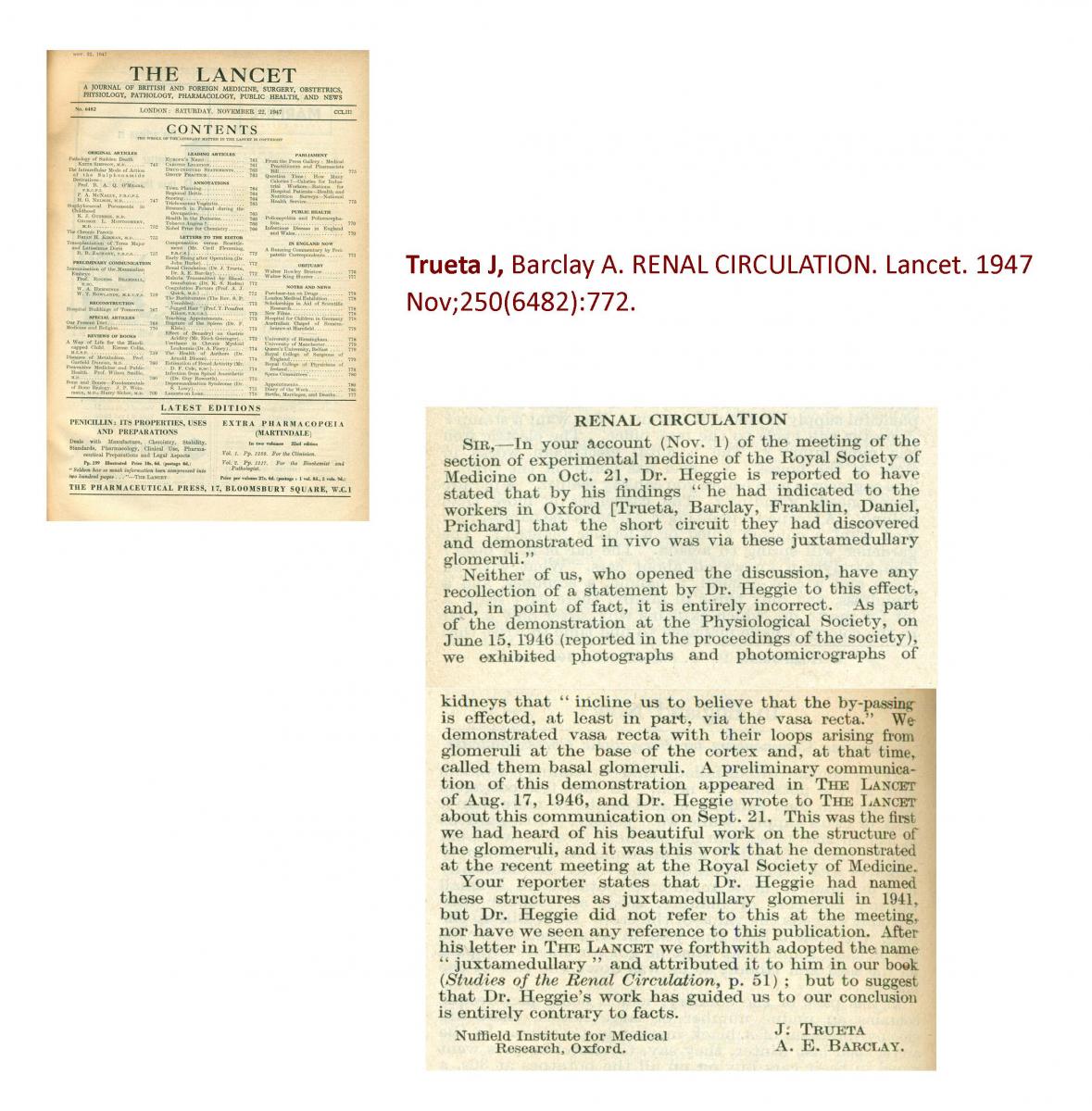Imatge de l'article: "Trueta J, Barclay A. Renal circulation. Lancet. 1947 Nov; 250(6482):772"