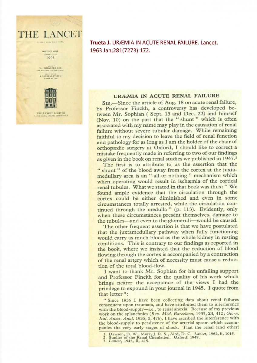 Imatge de l'article: "Trueta J. Uraemia in acute renal failure. Lancet. 1963 Jan; 281(7273):172"