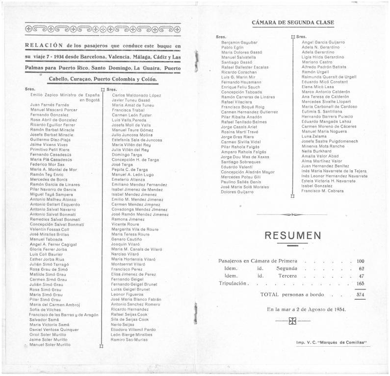 21-22. Interior del prospecte, amb la llista dels passatgers i els preus.