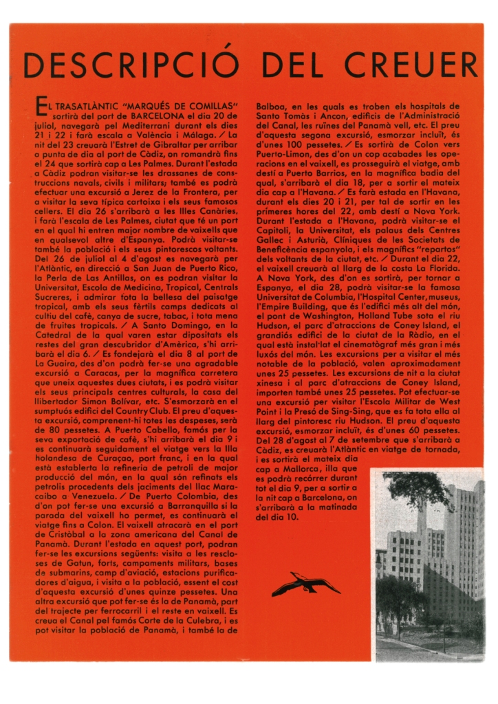 25. Prospectus edited by the Universitat Autònoma de Barcelona about the Cruise of 1934, containing practical information and describing it as &quot;the best summer holidays&quot;.