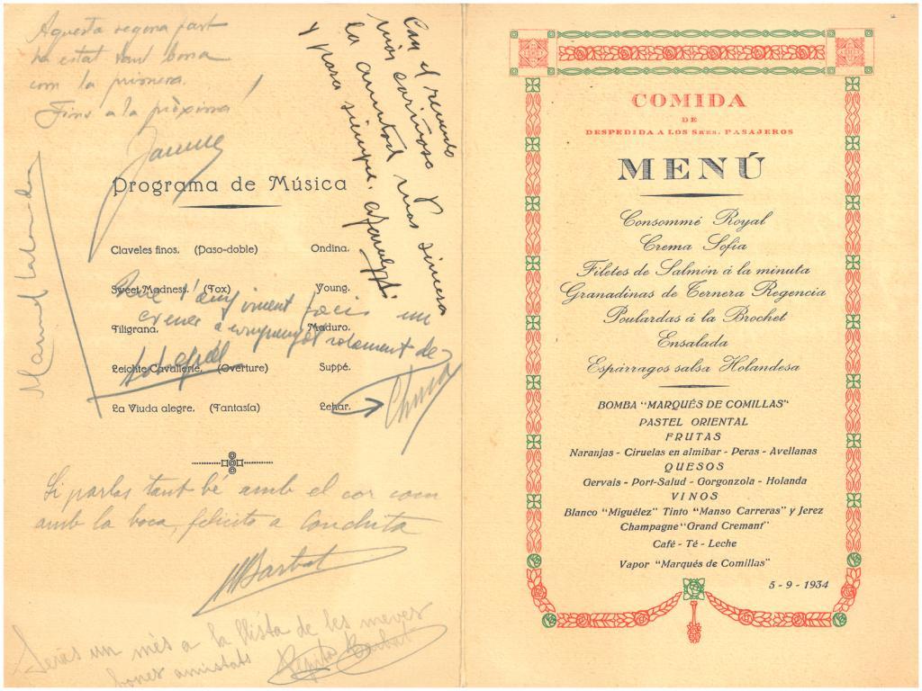 44. Menu of the passengers farewell lunch, signed by some of the diners. Among them, Jaume Vicens Vives.