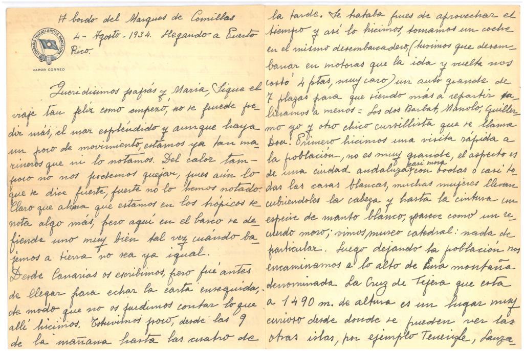 49. Letter from C. Taboada to her parents detailing the on-board  daily life.