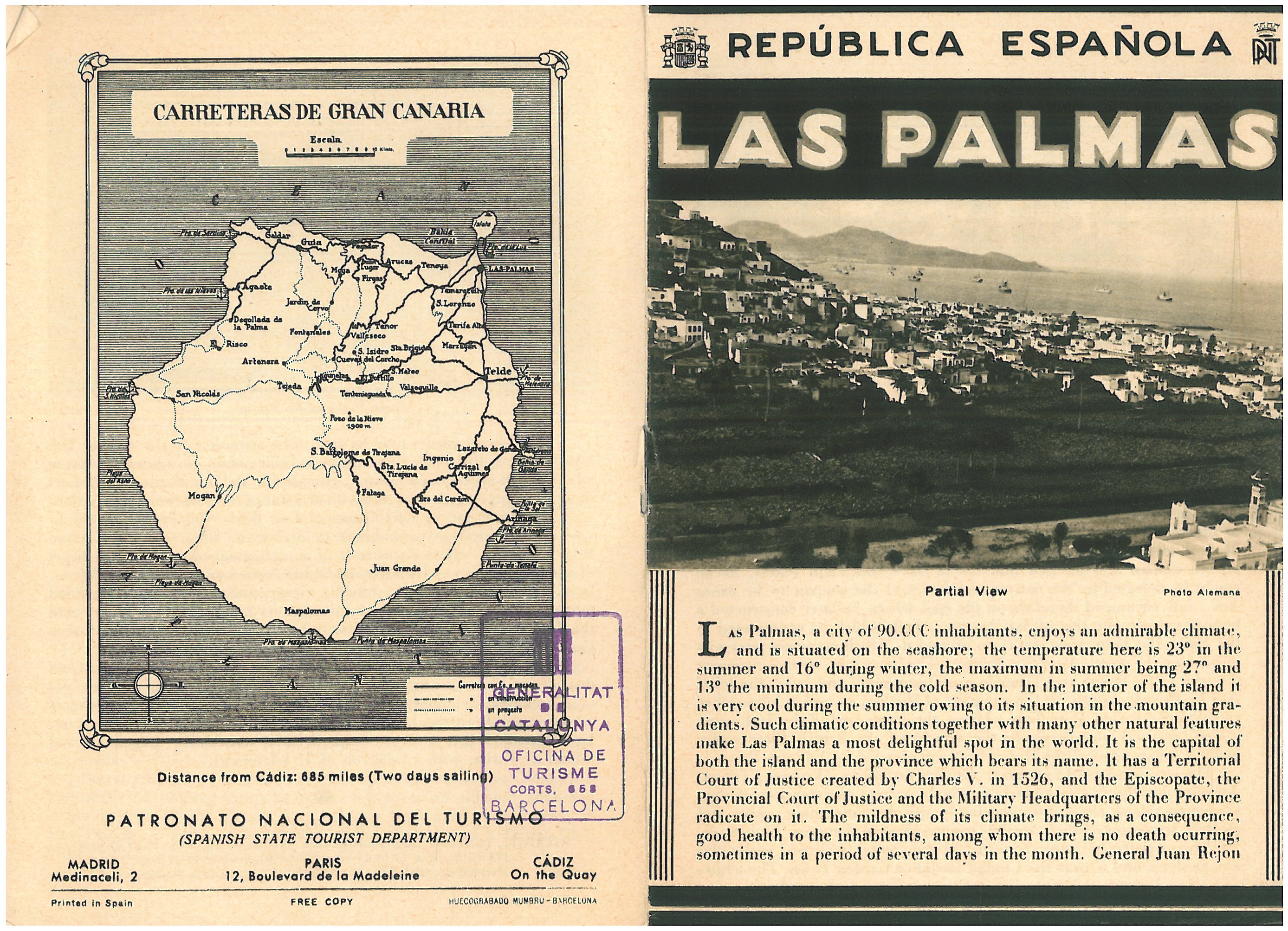 62. Prospectus of Las Palmas, edited in English, offered to the travellers by the Catalan Tourism Ministry.