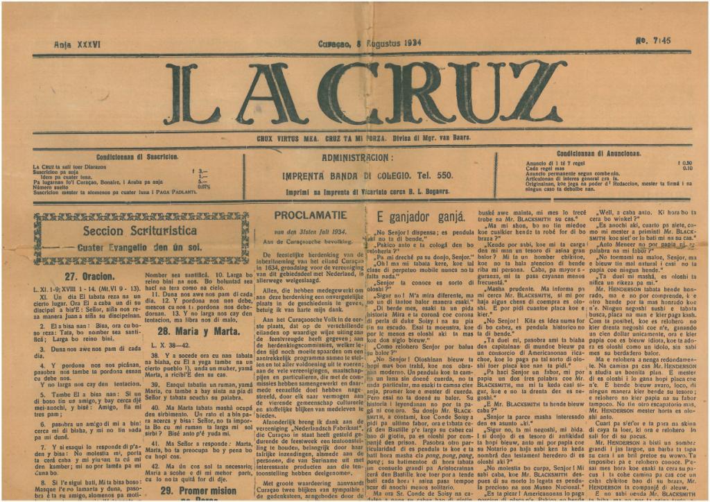 70. Cover of a Curaçao newspaper written in &quot;papeamento&quot;, a language  that piqued the interest of many of the Humanities students and professors.