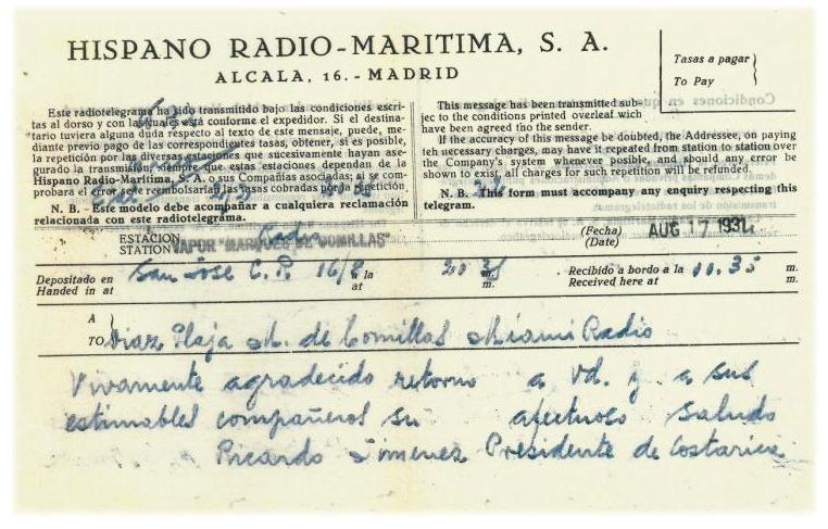 74. A cable from the President of Costa Rica Republic addressed to the participants in the cruise.