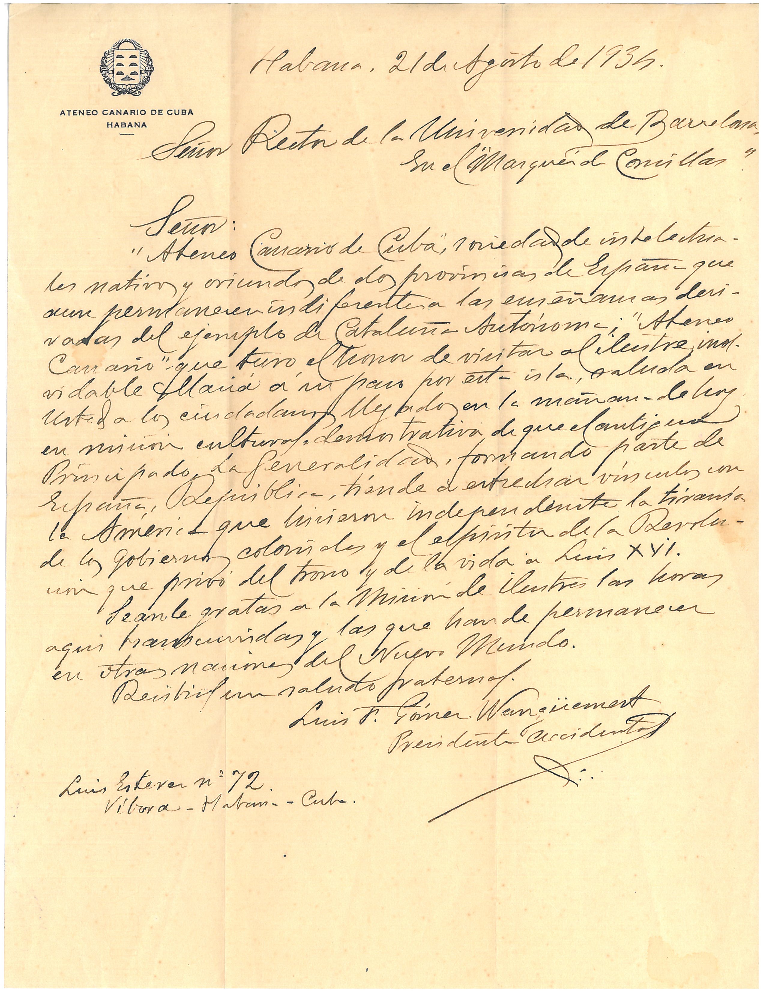 79. Letter of a member of the Ateneo Canario de La Habana, praising the Catalan independence movement of the time.