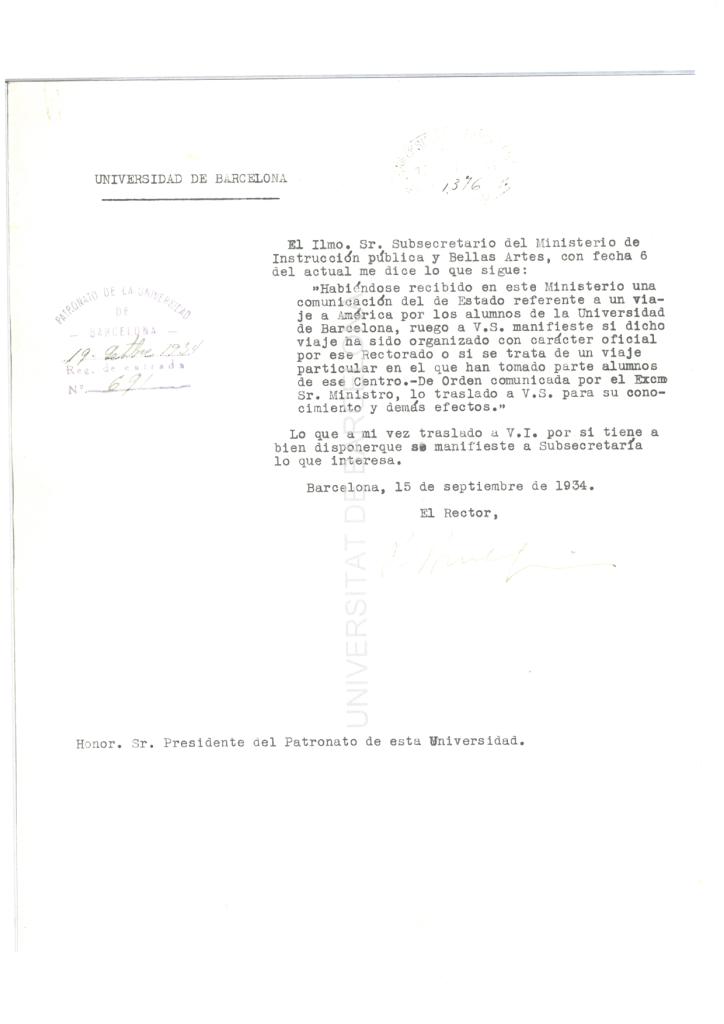 89. The Rector of the Universitat Autònoma de Barcelona addresses the President of the Board, informing him about a request for information  about the Cruise of 1934 made by the Ministry of Public Instruction.