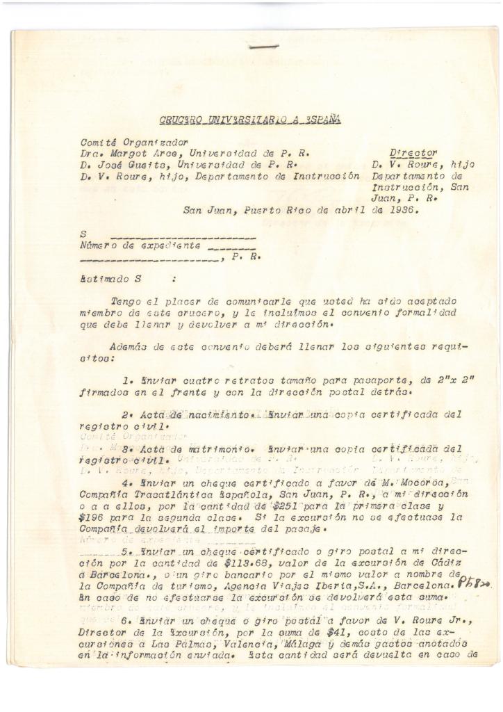 91. Document about the organization of the Puerto Rican students' visit to Spain, scheduled for the summer of 1936.