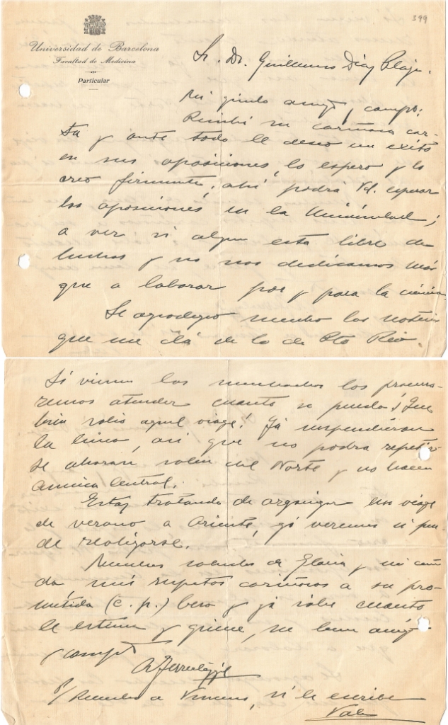 92. Dr. Ferrer i Cagigal writes to G. Díaz-Plaja talking about the expedition of the Puerto Rican students. Source: Unit of Biographical Studies of the Universitat de Barcelona.