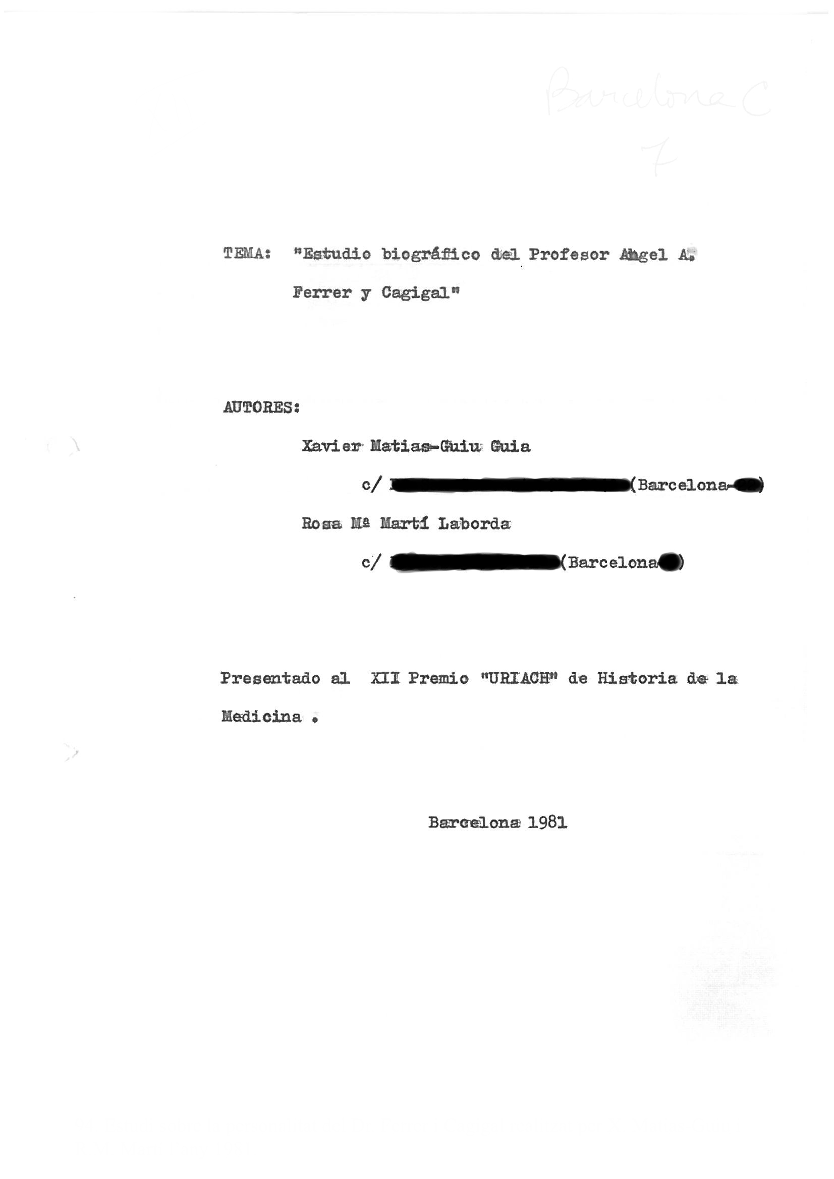 94. Dr. Ferrer i Cagigal character study, written by X. Matias-Guiu and R.M. Martí in 1981.