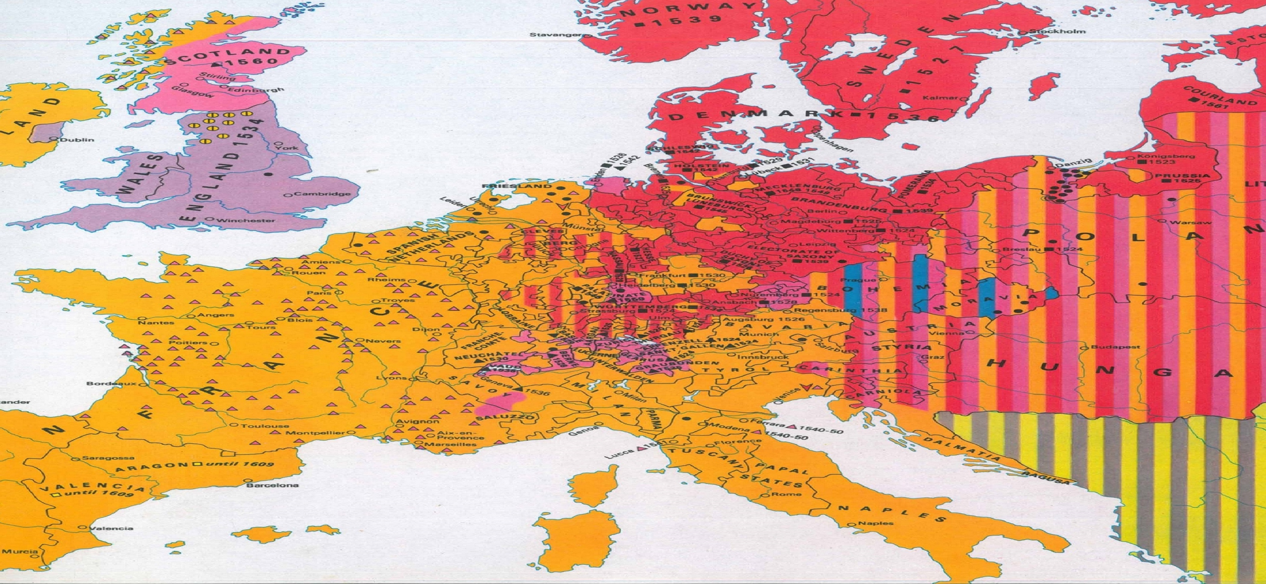 01. Mapa de la situación religiosa en Europa durante el s. XVI. En: Geofrrey BARRACLOUGH, ed. &quot;The Times Atlas of World History&quot;. London : Times Books, pp. 182-183.