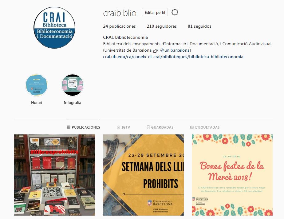 Captura de pantalla del compte d'Instagram del CRAI Biblioteca de Biblioteconomia i Documentació