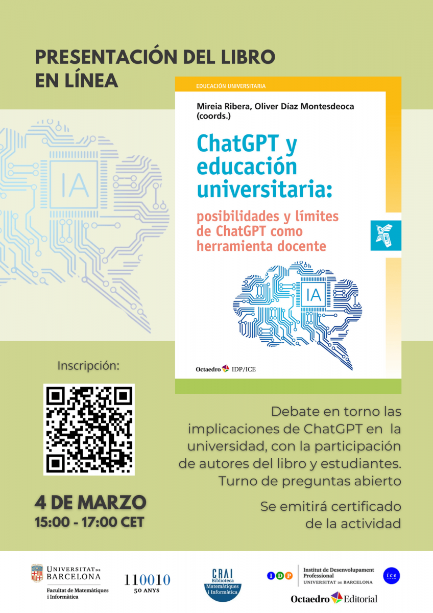 El CRAI Biblioteca de Matemàtiques i Informàtica col·labora en la presentació del llibre ChatGPT y educación universitaria