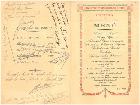 44. Menu of the passengers farewell lunch, signed by some of the diners. Among them, Jaume Vicens Vives.