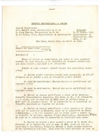 91. Document about the organization of the Puerto Rican students' visit to Spain, scheduled for the summer of 1936.