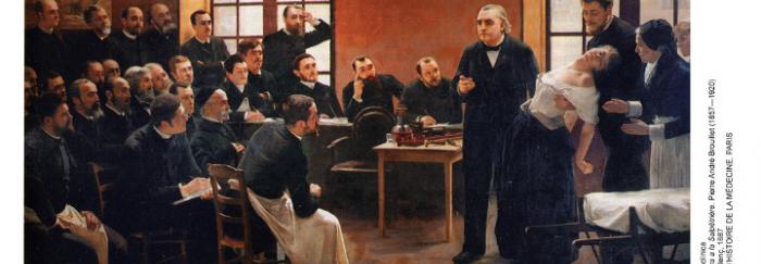 Reproducció del quadre "Lliçó clínica a la Salpêtrière. Pierre André Brouillet (1857—1920)". Imatge extreta del llibre "Martí Vilalta JL, Neurología en el arte. [Barcelona]: Lunwerg, 2007."